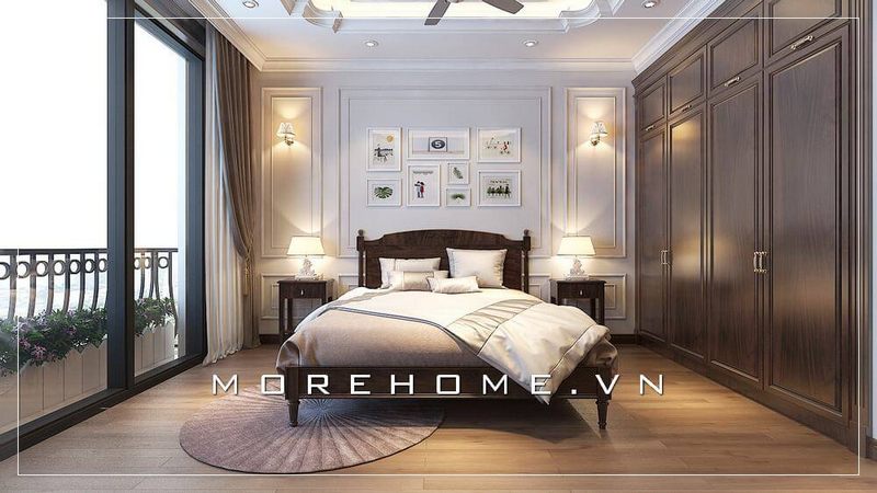 Giường ngủ chung cư cao cấp phong cách tân cổ điển, các đường nét chạm khắc nhẹ nhàng, phần chân cách điệu mang lại vẻ đẹp sang trọng, không bị rối mắt